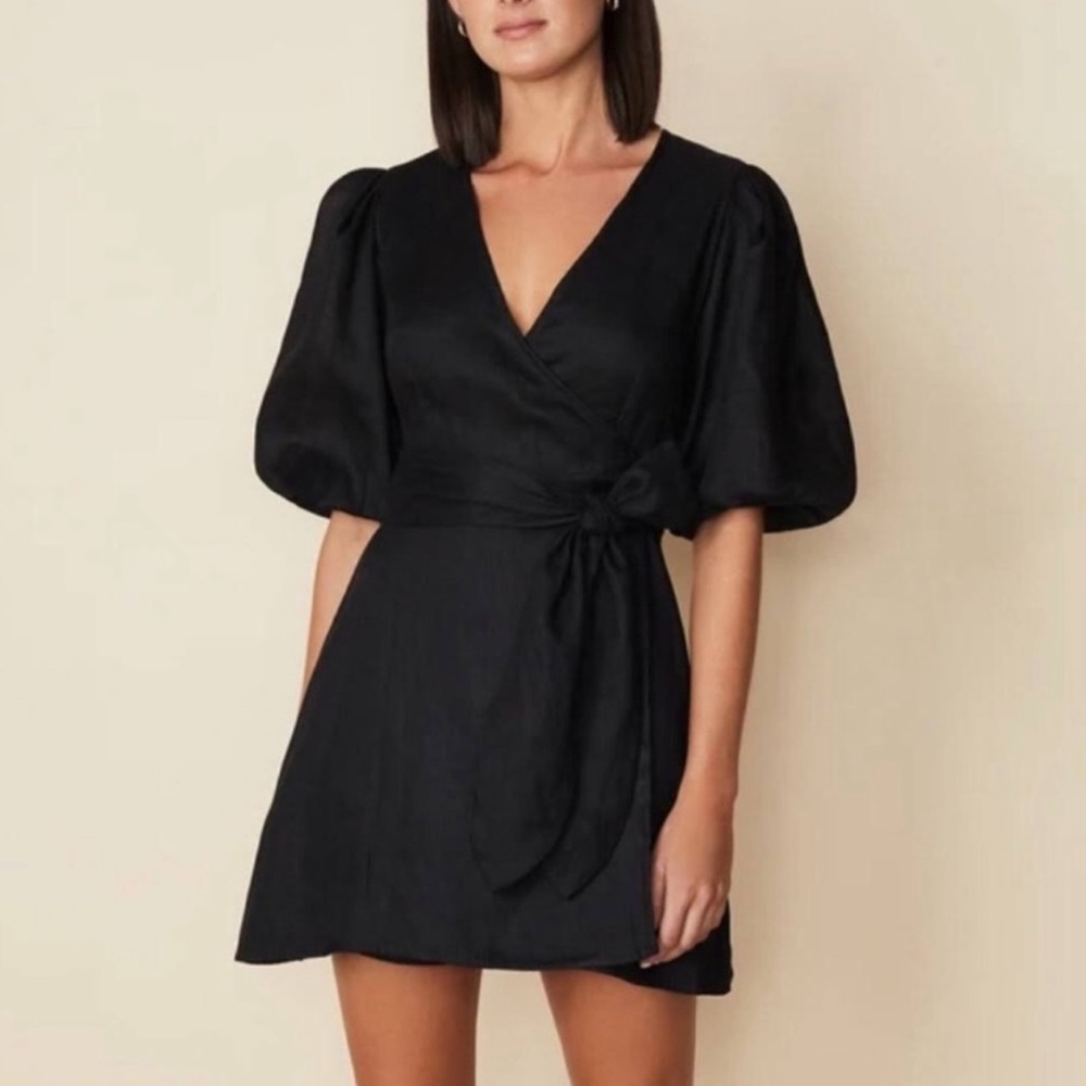 Faithfull The Brand Black Linen Wrap Dress Size US 4